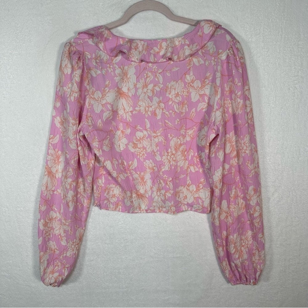 Pink Floral Ruffled Puffy Short Sleeve Crop Top Size Large Forever 21‎ Preppy - Picture 8 of 9